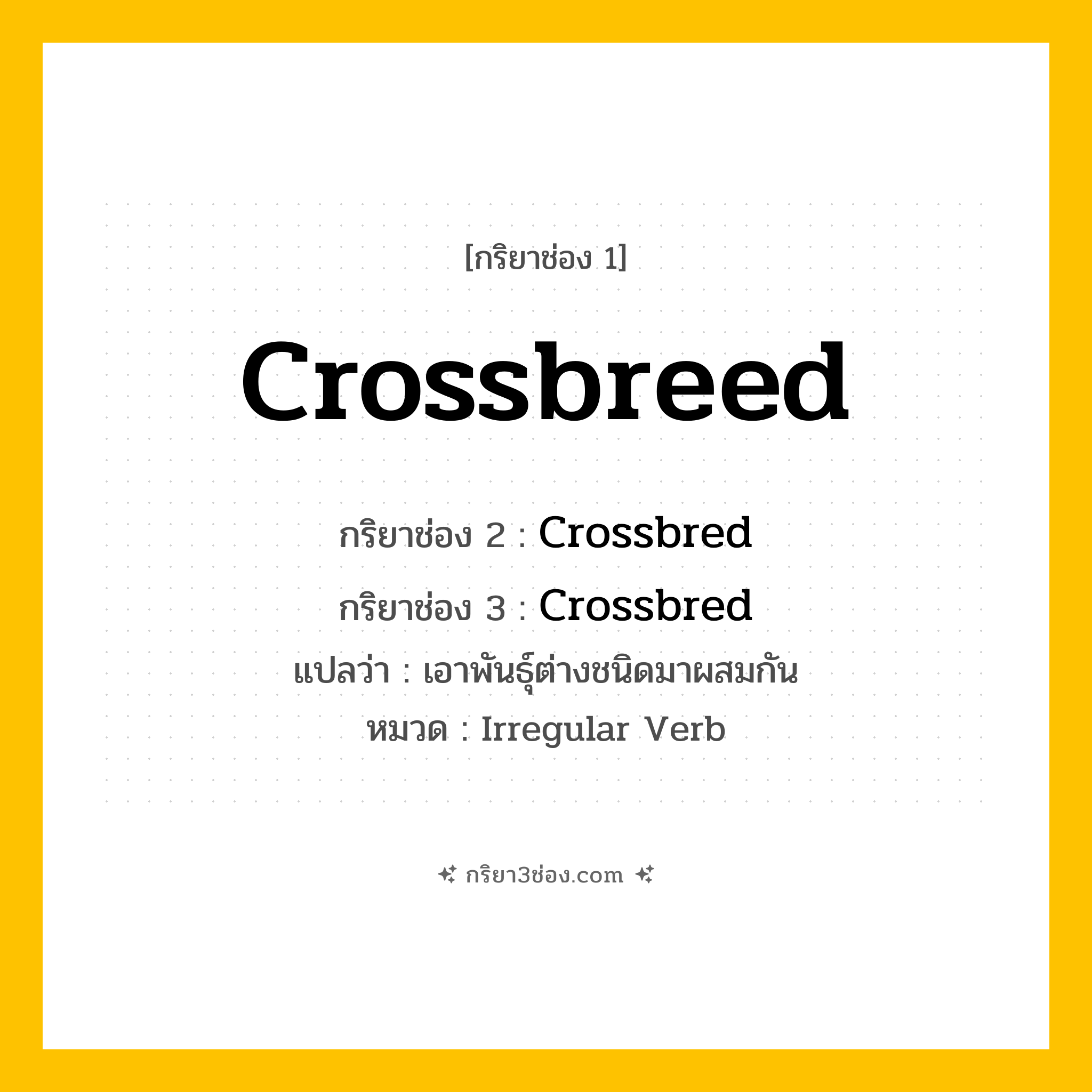 กริยา 3 ช่อง ของ Crossbreed: Crossbreed (ช่อง 1), Crossbred (ช่อง 2), Crossbred (ช่อง 3) - Irregular Verb